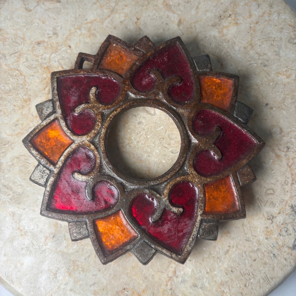 Vintage Cast Iron Enamel Trivet Tealight Holder Red Heart Mandala Rustic Boho